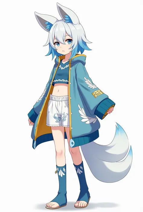 Japanese girl, hair type like water white with blue on tips. Blue-gray eyes, with white shorts that have pattern with feathers, short top with bage on left, blue-golden long jacket on back with light blue feathers, stamps with ocean patterns, the tips of h...