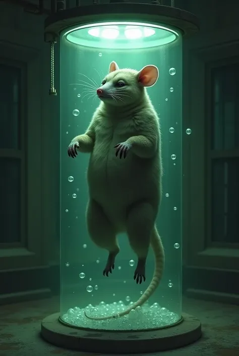 possum, semi anthro, furry, tall, trapped, in lab, inside test chamber, in tube, in cylinder, asleep, floating, bubbles around body, legs slightly up, abandoned, slight green ominous glow, human like characteristics
