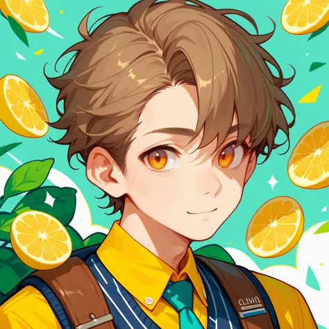 score_9, score_8_ up, score_7_ up,((8k)),1boy,university student,Optimistic, positive , Saddle Brown Hair, orange eyes , lemon chiffon,(((Alone)))