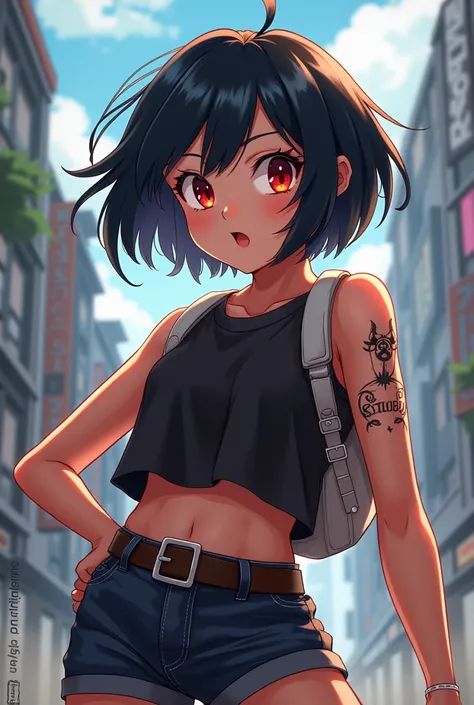 Anime girl, black short hair, red eyes, tomboy