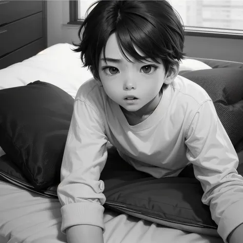 Draw in black、 Black and White、The boy who was surprised to get into the futon、(( top quality ))、