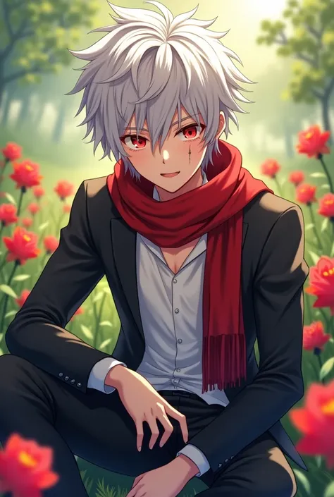 boy, anime, messy white hair, bright red eyes, muscular, handsome face, scratch mark on left eye, white shirt, black jacket, long black pants, red scarf, sitting in flower garden, during day, 18 years old