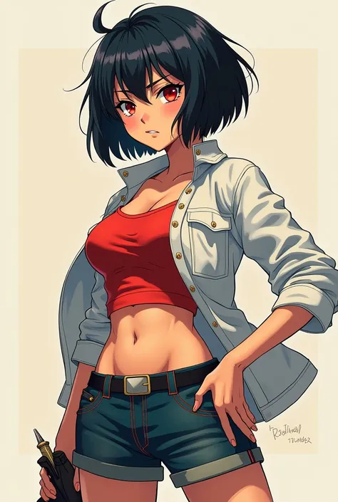 Anime girl, black short hair, red eyes, tomboy, tan skin