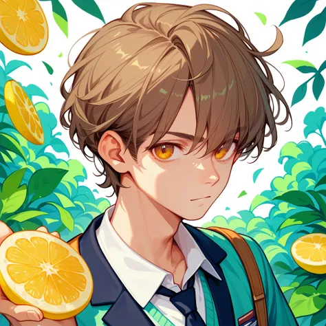 score_9, score_8_ up, score_7_ up,((8k)),1boy,university student,Optimistic, positive , Saddle Brown Hair, orange eyes , lemon chiffon,(((Alone)))