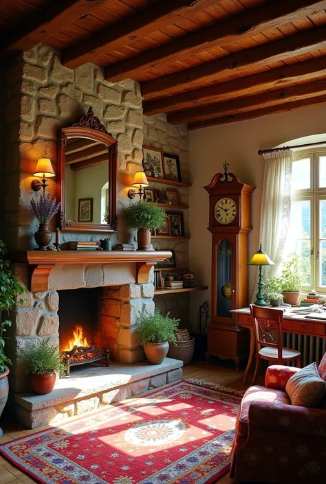 .The cozy cottage interior is a vibrant yet rustic haven,filled with warmth and charm,set against walls of rugged,sunlit stone that glow softly in the light.At the heart of the room,a grand stone fireplace crackles cheerfully,its mantel adorned with a bras...