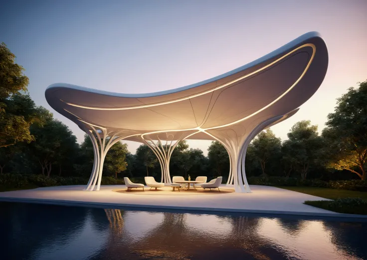 a modern gazebo with realistic lighting, elegant curved structure, Zaha Hadid architectural style, highly detailed, 8k, photorealistic, HDR, physically-based rendering, studio lighting, ultra-fine details, sharp focus, vivid colors, dramatic lighting, arch...