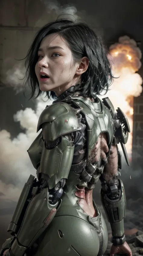 ,  非常に    Detailsな,     Details,     high image quality, 最    high image quality,       high res   , 1080P 、    smoke coming out of the wound     　    green armor    、    Steam comes out    、 cute((全身のSerious damage))(     injured woman in a robot suit   ....