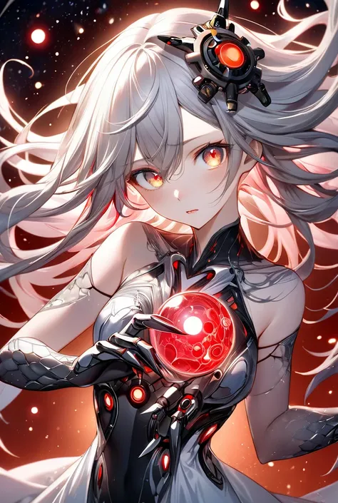 (masterpiece), (best quality), (ultra detailed) Skin: Pale metallic silver with faint glowing patterns resembling constellations that shift across her body,
Eyes: Glowing crimson orbs with intricate, gear-like patterns within the pupils. When she speaks, h...