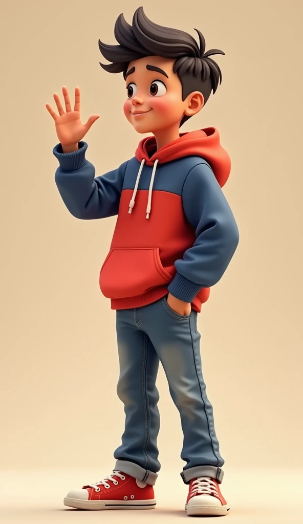 1 Boy STANDING facing side WEARING A red and blue HOODIE. while waving his right hand