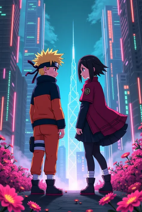 Boruto and sarada,2kids,short hair,boruto uzumaki,sarada uchiha,flowers,neon cyberpunk,colorful