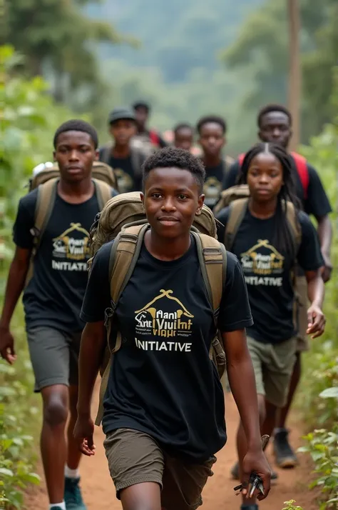 African youths wearing black tshirts written amani youth iniative  having a hike 