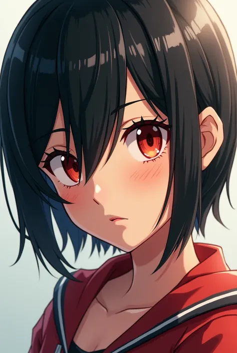 Anime girl, black short hair, red eyes, tomboy, tan skin, bored eyes