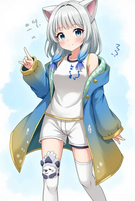 Japanese girl, hair type like water white with blue on tips. Blue-gray eyes, with white shorts that have pattern with feathers, short top with bage on left, blue-golden long jacket on back with light blue feathers, stamps with ocean patterns, the tips of h...