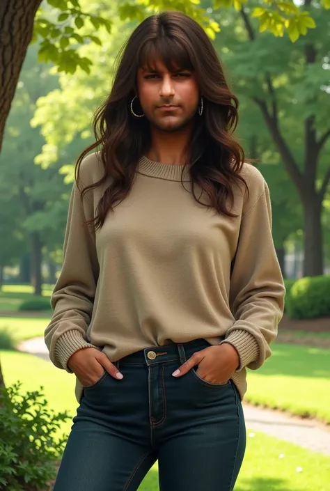 (masterpiece:1.2, best quality), 1lady, solo, upper body, big tits, Dark wash skinny jeans, oversized sweater, ankle boots, Loose waves, center part, simple hoop earrings, green Park