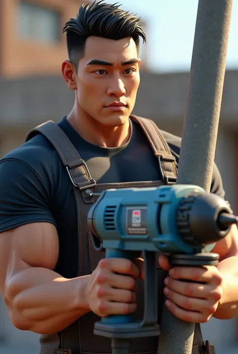 A young Asian construction worker wearing a black T-shirt is holding a muscular blue electric drill next to a large mortar pole, not wearing a hat.