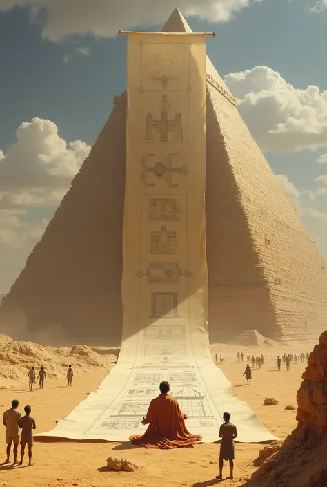 A colossally tall architect seated under a massive canopy, sketching pyramid blueprints on a papyrus scroll that stretches across the desert, while regular-sized humans gather to translate his grand designs.