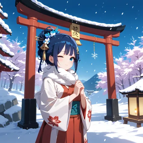 A masterpiece, high-quality digital illustration of a young girl standing in front of a Shinto shrine, with her palms pressed together in a traditional prayer pose (gassho). She has 【long　hair】, 【straight hair dark blue hair】 that flows elegantly, and stri...