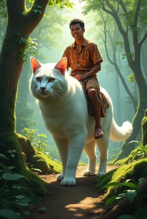 An Indonesian man rides a white cat in the forest
