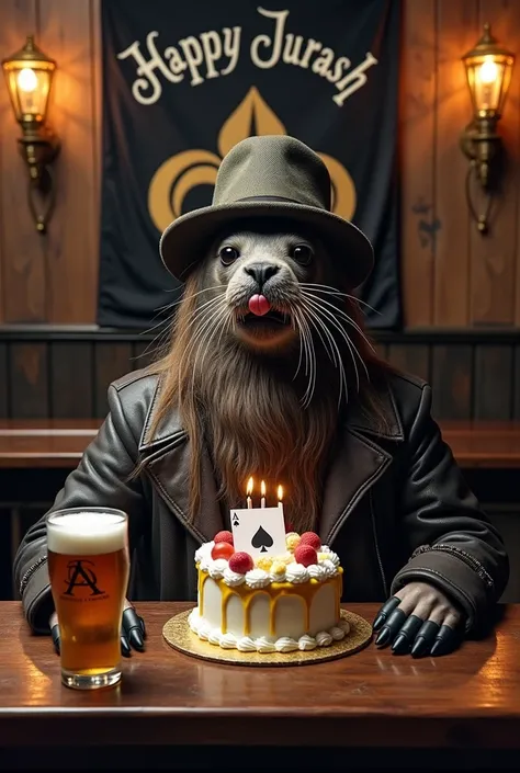 Common seal ,  who has a hat and beard and clothes like Lemmy Kilmister sits in a pub with a beer and a birthday cake and spits lips as if sending a kiss.  On the cake is ace of spades .  Behind him is a black banner with the words Happy Jurash and the emb...