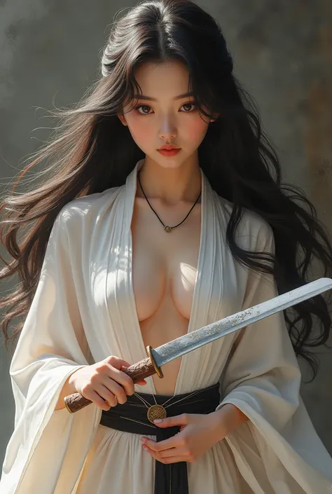 A beautiful Asian princess ,  long dark hair to have sex, white Chinese clothes, knife, Im tearing up a large percussion instrument