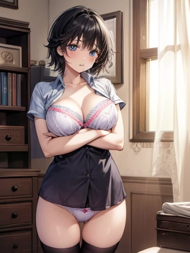 ((Voyeur changing clothes)), ((Arms folded in front of chest)), A cute girl who can see bra, panties, Butt and nipples visible through messy uniform, , one person, one personで, underwear, panties, Butt, good, chest, chest, Knee socks, Underarm, Black Hair,...