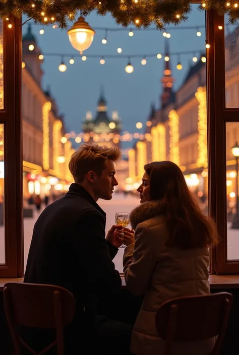 Create a young blond German man, 27 years old, and a young brunette woman, 25 years old, sitting in a cafe overlooking the Christmas Dresden, overlooking bright lights and garlands, hyper-realistic, detailed, masterpiece