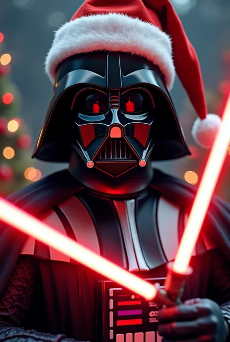 Darth Vader wearing Santa hat and candy cane lightsaber on the Death Star with a Christmas tree movie poster style realistic close up 