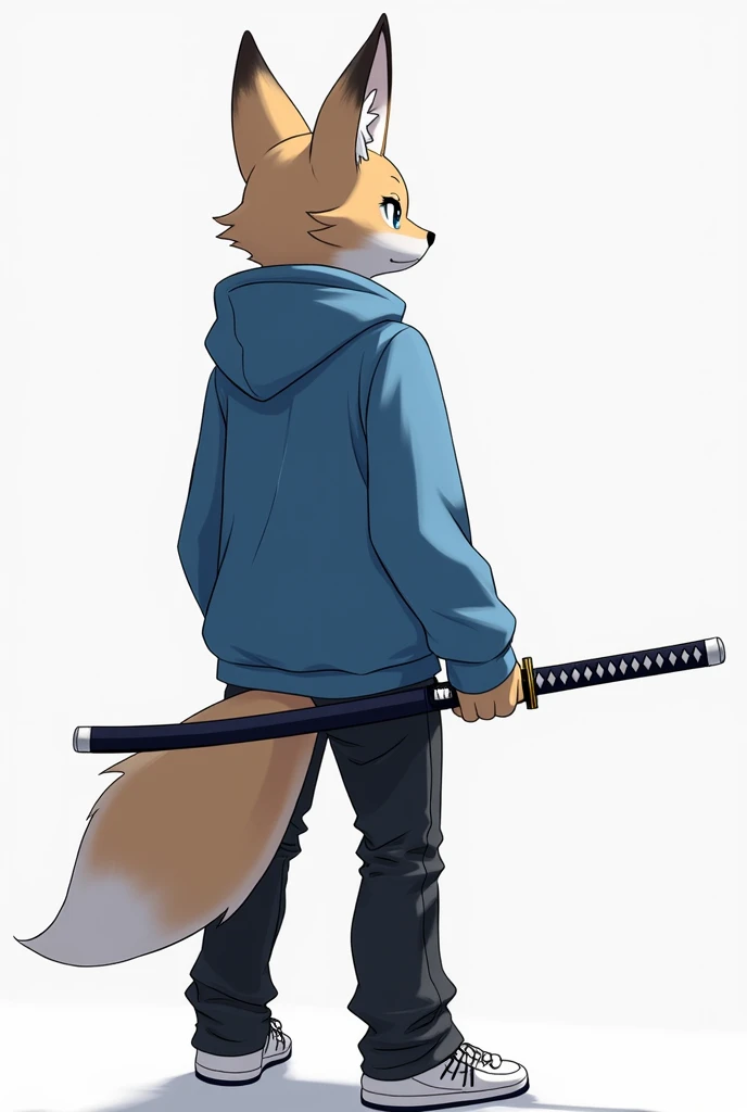  A  fox hybrid boy with blue eyes ,  1 meter tall in a blue sweatshirt and black jeans without boots from behind his paws, clutches a katana ,  in his paws, a white pen interspersed with blue 