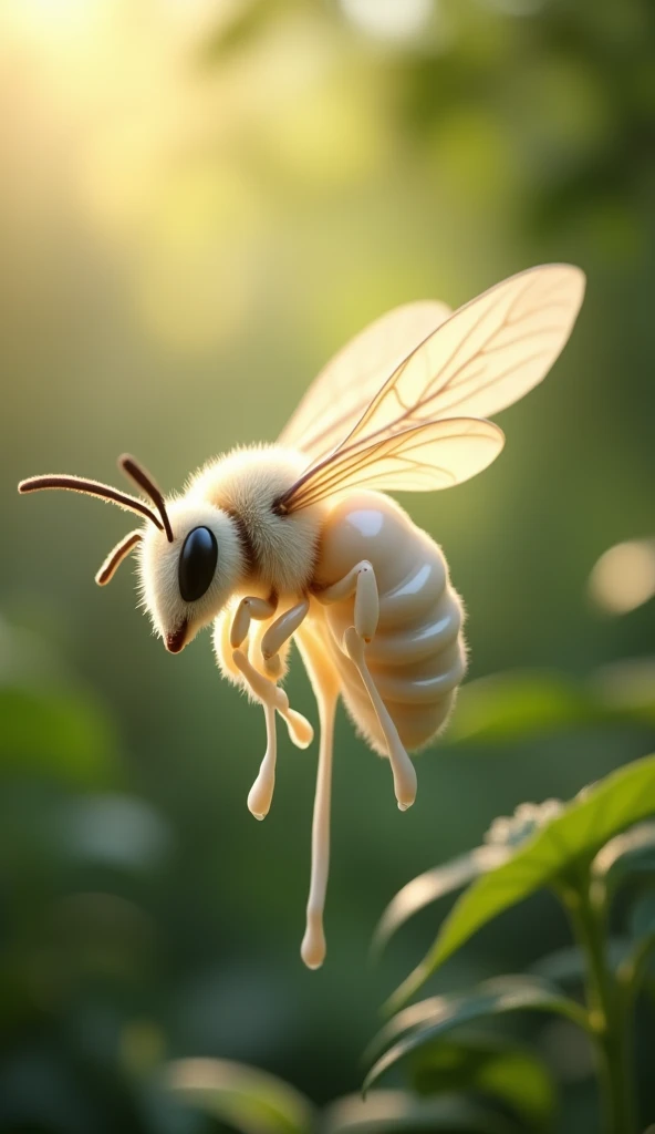 An artistic fusion of a bee and milk. The bees wings and body are subtly blended with milk, as if the bee is made of flowing, creamy milk. The background features a lush green tree forest, with soft sunlight filtering through the leaves. The scene is calm,...