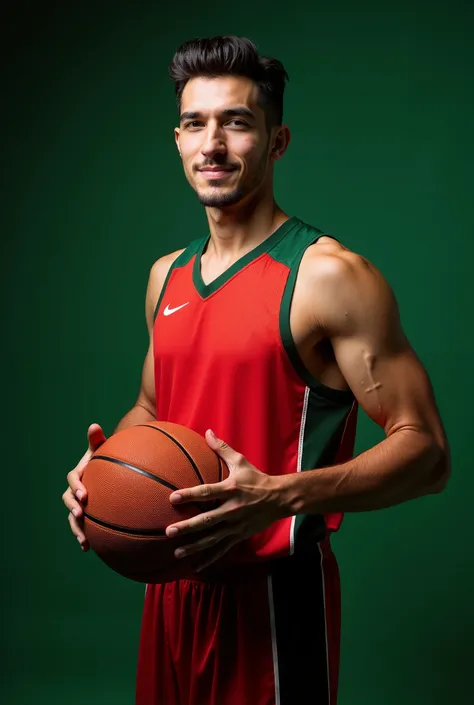 On a dark green background, a strong and composed Chilean basketball player stands confidently, holding a basketball close to his side. He wears a sleek red and green basketball jersey that highlights his athletic build, and his expression is calm and dete...