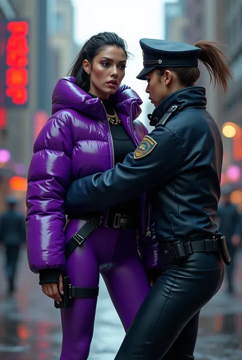 A policewoman picks up a woman in a purple vinyl croop puffer jacket, a harness and latex jumpsuit and arrests her 