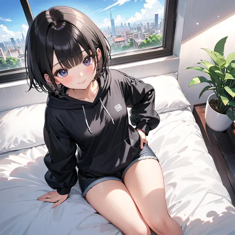 ( Perfect Anatomy), ((32K)), (( top quality )), ((超 high res)), (( high res)), ((超 high res)), ((Highly detailed CG)) , One Girl 、black eyes.smile, black hair,short hair,( small breasts:1.5),( black oversized hoodie:1.5)、Moe sleeves、( black denim hot pants...