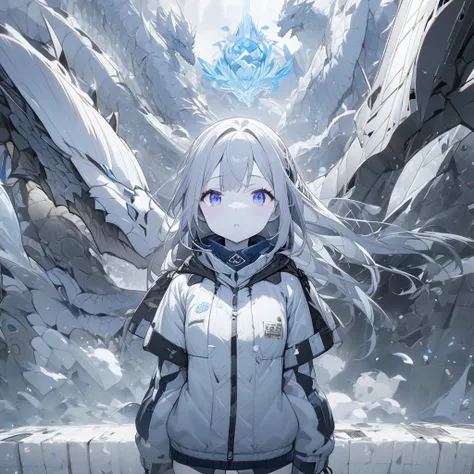 winter、 One girl ,  blue eyes,  gray hair、 shortcuts、 white skin、 miniskirt、dragon、widescreen, masterpiece,  high res, 