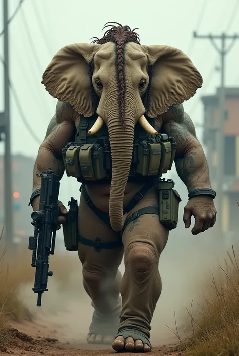 human hybrid headed old elephant long hairy in braids wearing special forces gear Burly muscular body tattooed atmosphere Battlefield seen walking from a distance carrying weapons constitutes art