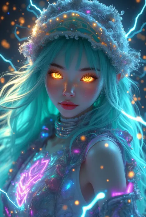 a photorealistic girl who can use lightning magic with spreading smooth super long layered sea blue-green translucent hair, and neon glowing yellow flashy eyes  , medium sized breasts, there are ultra defined rainbowlucent lightning strikes in the backgrou...