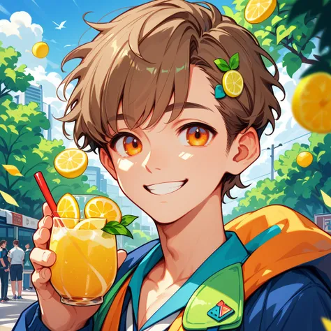 score_9, score_8_ up, score_7_ up,((8k)),1boy,university student,Optimistic, positive , Saddle Brown Hair, orange eyes , lemon chiffon, Smile ,(((Alone)))