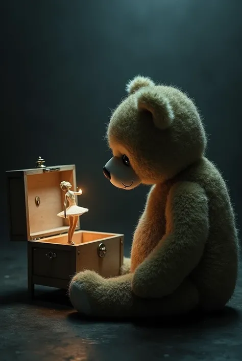 A teddy bear with a sad face in a dark corner barely illuminated by a faint and dull light watching with him an uncovered musical box with a beautiful dancer 