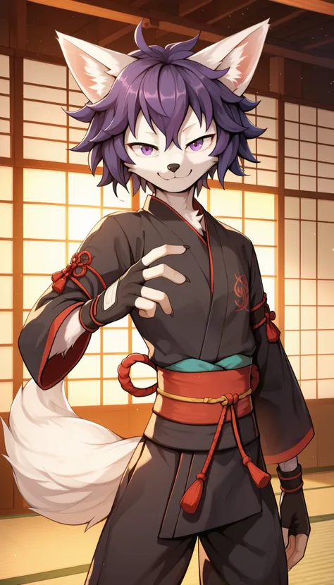 masterpiece, best quality, smug smile, 1boy, anthro, furry, white fur, fluffy fur, white fox boy, furry, white fox ears, animal nose, purple eyes, white fox tail, purple hair, short hair, (messy hair), solo, (dojo), detailed, (black ninja, shinobi shozoku)...