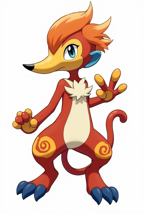 
a bipedal, primate-like Pokémon that is primarily reddish-brown with sections of white fur on its chest, head, and lower legs. Several gold markings adorn its body: swirled, circular ones on its knees and shoulders flame-shaped ones on the back of its han...