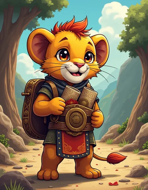 This time warp has preserved me to tell of the prehistoric events and details of each royal scroll I hid in my satchel. As the only survivor of this ancient time, cute lion cub Ariel  fulfilling his  royal duty by protecting the scrolls. comic style