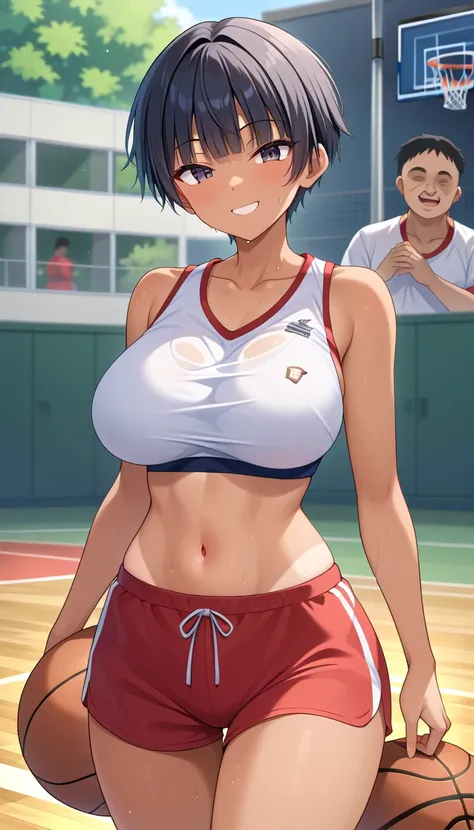 (score_9, score_8_ up, score_7_ up, Mature Ication,  One girl , Alone,  mature woman,  Big Breasts,   tomboy ,  straight hair ,  short hair, blunt bangs,  black hair,  dark eyes,  Outdoor, smile、　 tan　from behind　　In front of the public　basketball, best qu...