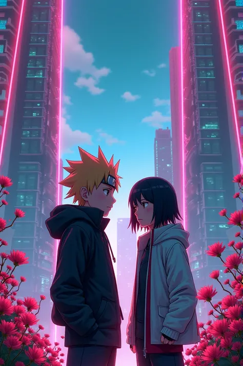 Boruto and sarada,2kids,short hair,boruto uzumaki,sarada uchiha,flowers,neon cyberpunk,colorful