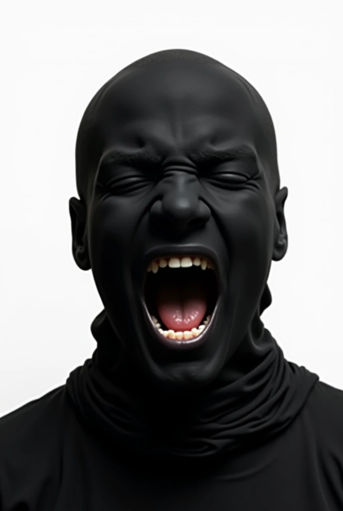 "A head-only image of a person screaming, their entire head covered with a black cloth, creating a dramatic and mysterious effect. The background is plain white to enhance the contrast and keep the focus solely on the head and the black cloth."
