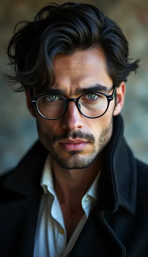  Create a book cover featuring a jolly faced man in his 20s .  Galantiador like a handsome villain ,  with an unrealistic and sensual beauty with beautiful gray eyes, dark hair and wearing glasses on hand, has no beard 