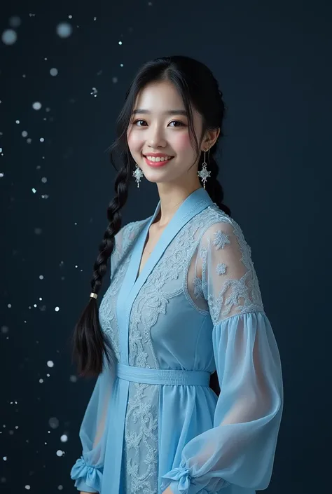  a korean woman long hair black stripe pink ,purple and blue partially braided .wears an ear mic and a lacy blue chiffon outfit covering her Korean style neck as well as mini snowflake earrings and cream boots.  stands smiling facing the camera styled like...