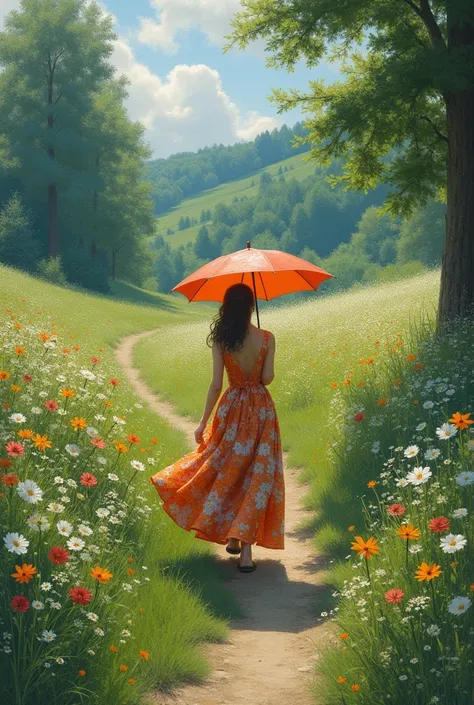 The wild trail    ,     The figure of a noble lady   ,    The figure of a noble lady   overflowing with summer flowers  ,     distant view of a noble lady,  walking with an umbrella   ,  merges with the landscape    ,     the scene of Cezannes painting    ...