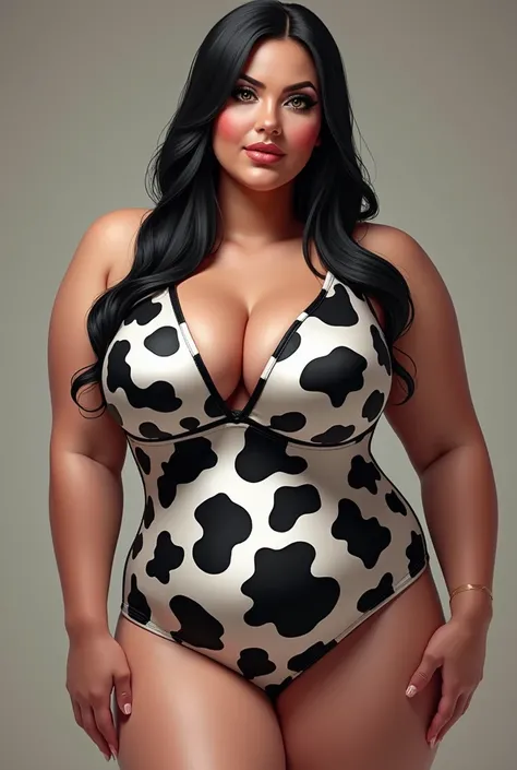 ((plumpy woman)), ((bbw)) , (tall), (milf), thicc, puffy cheeks, plump face, curvy nose, long black straight hair, beautiful, big boobs, wide hips, wearing cow print spandex body suit with small heels, lipstick, eyeshadow, (realistic)