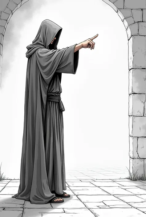  The man in the gray robe , in the hood,  stands on the floor sideways at full height,  pointing somewhere with his finger ,  stands far away ,  the black and white drawing , manga style , As a manga panel