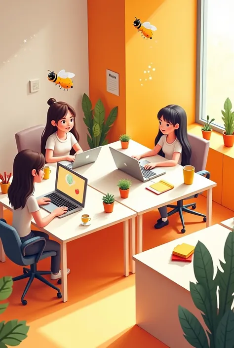 Cartoon graphics orange and white themed interior office design with 3 female employee desk with flies on the table in square shape picture 