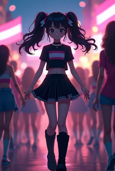 Boy with long curly hair wearing pigtails , wearing black nails, botas negras, black cheerleader skirt and black cheerleader shirt walking at night at a party with the ANIME-style TRANS flags